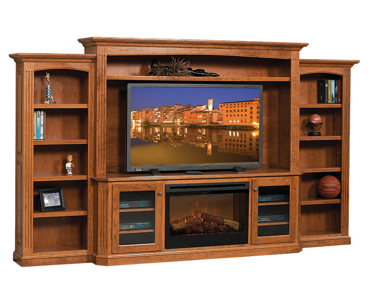Buckingham Entertainment Center with Side Bookcases and Fireplace