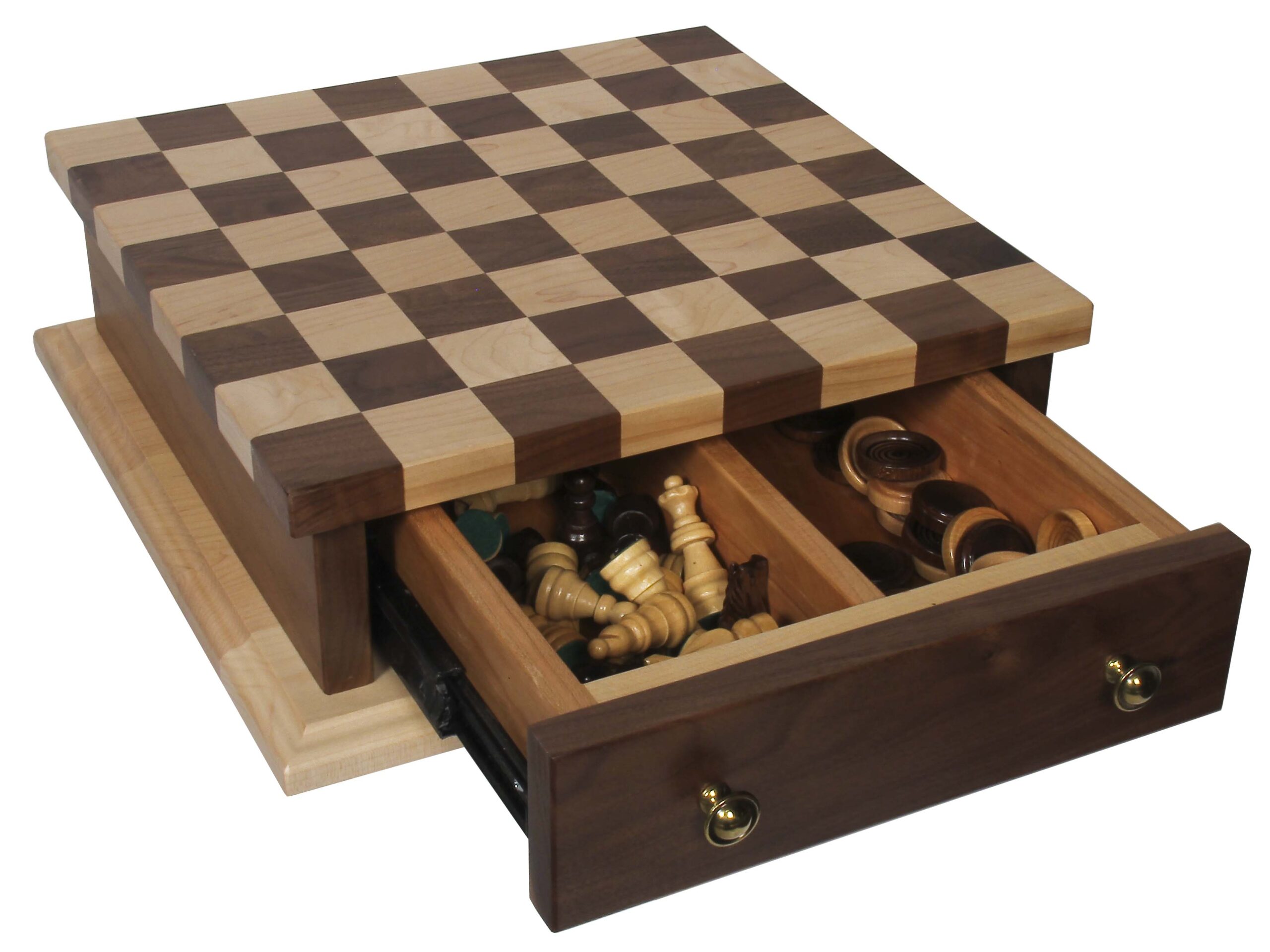 Checker / Chess Board With Drawer & Wooden Pieces